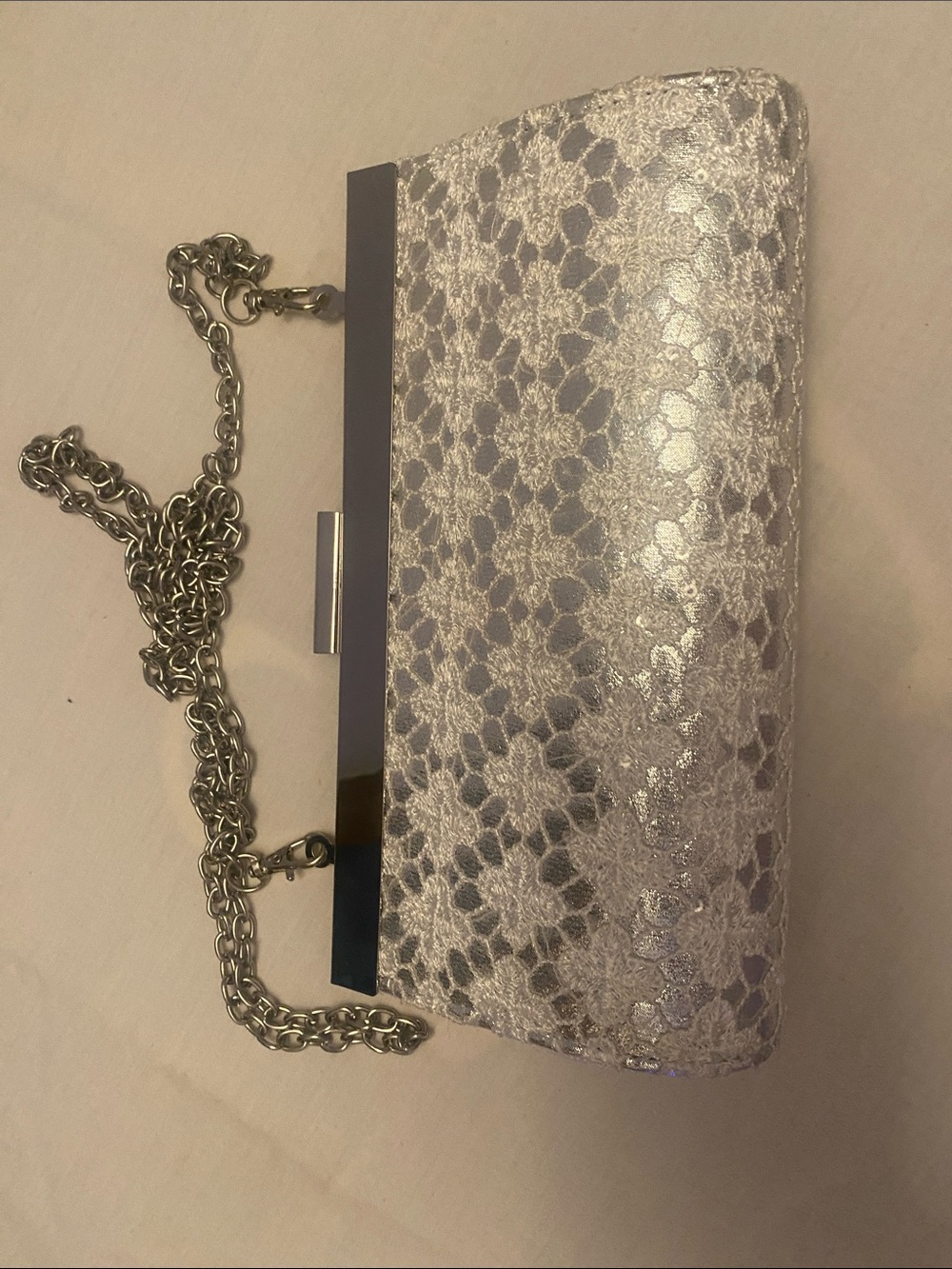 Silver Lace Clutch with Chain Strap